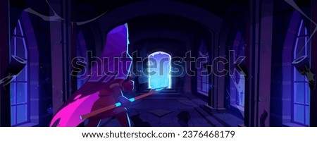 Man in medieval costume with spear in dark old abandoned castle or dungeon with stone walls and door with mystical blue neon glowing portal. Cartoon vector warrior and magic door in spooky hallway.