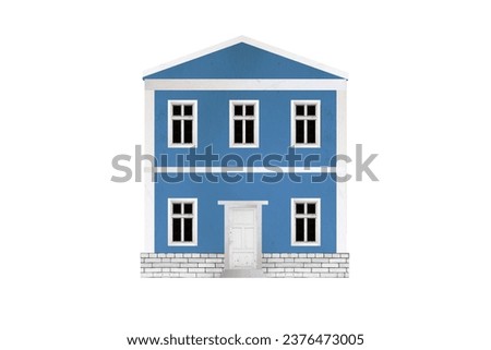 Old small blue two-storey european house with classical facade isolated on transparent background.