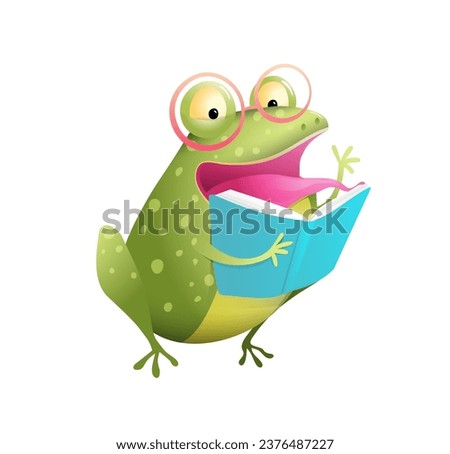 Frog reading a book, education and study character illustration for children. Toad wearing glasses reading a book for school or library. Isolated vector clip art cartoon in watercolor style for kids.
