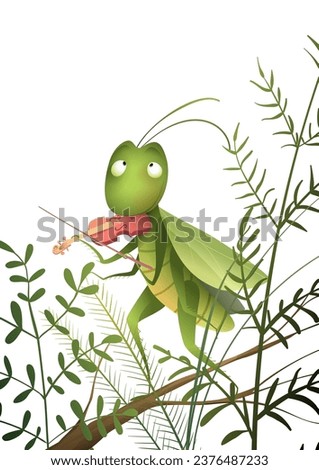 Cute grasshopper playing violin, cricket musician character for children. Musical education hobby illustration. Hand drawn vector illustration in watercolor style, isolated insect clip art for kids.