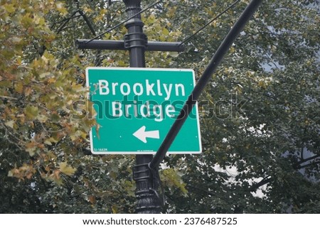 Brooklyn Bridge traffic sign with arrow, surrounded by trees