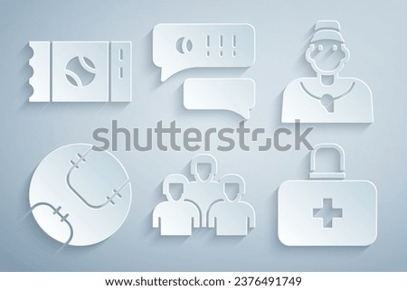 Set Team of baseball players, Baseball coach, First aid kit, Speech bubble chat and ticket icon. Vector