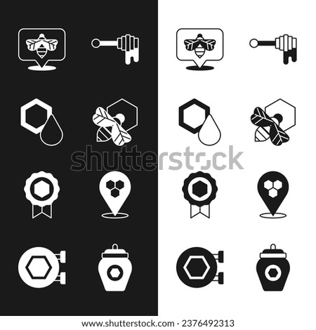 Set Bee and honeycomb, Honeycomb, dipper stick with, medal, bee location, Jar of and Hanging sign icon. Vector