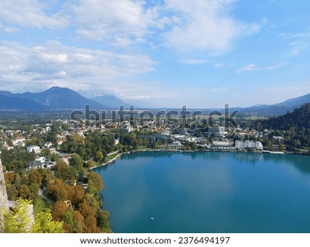 view to the town Bled and mountains from Bled castle. Slovenia. Royalty-Free Stock Photo #2376494197