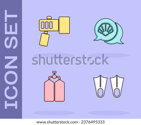 Set Rubber flippers, Flashlight, Aqualung and Scallop sea shell icon. Vector