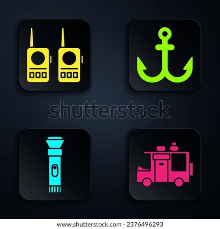 Set Rv Camping trailer, Walkie talkie, Flashlight and Anchor. Black square button. Vector