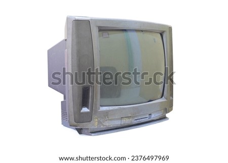 Left side angel tube tv view, crt old vintage television high quality, isolated in white of tubular crt tv Royalty-Free Stock Photo #2376497969