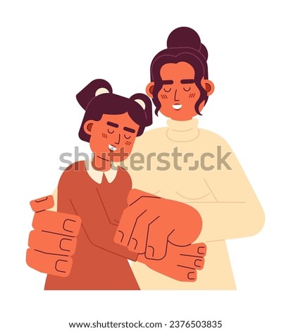 Hispanic young daughter mom cuddling 2D cartoon characters. Latina mother hugging girl isolated vector people white background. Tender greeting. Family closeness color flat spot illustration