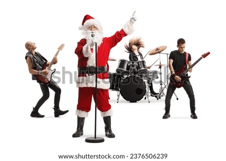 Santa claus performing with a rock music band isolated on white background