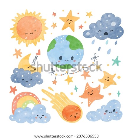 Watercolor Illustration set of rainbow, cloud, star, moon, sun and sky elements