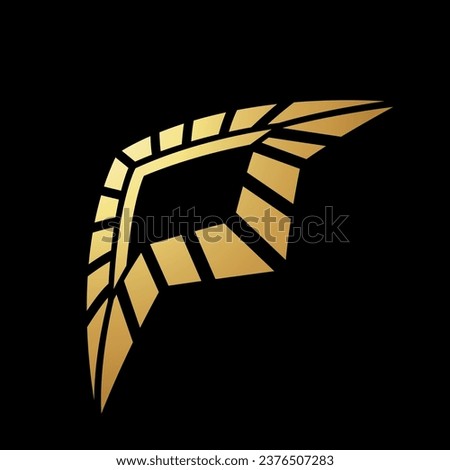 Gold Abstract Striped Arrow Head Icon in Perspective on a Black Background