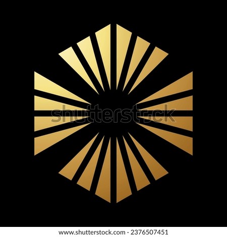 Gold Abstract Hexagon Shaped Cross Icon with Triangular Stripes on a Black Background