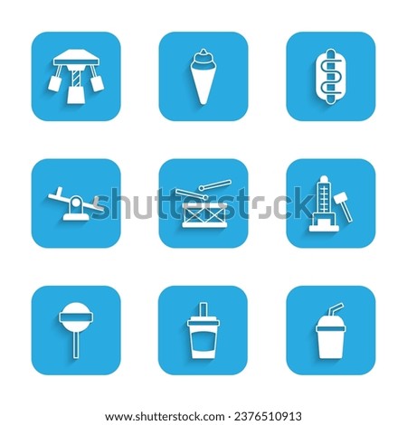 Set Drum with drum sticks, Paper glass water, Striker attraction hammer, Lollipop, Seesaw, Hotdog sandwich and Attraction carousel icon. Vector Royalty-Free Stock Photo #2376510913