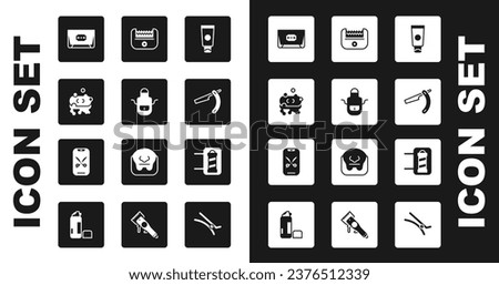 Set Cream cosmetic tube, Barber apron, of soap with foam, Blade razor, Straight, Electrical hair clipper, shop pole and online service platform icon. Vector