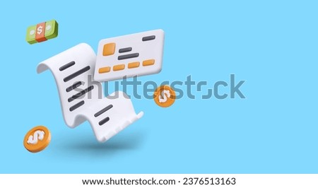 Online payment, internet banking. Concept of virtual money. Cashless payments. Realistic credit card, paper receipt, stack of dollars, coins. Template on blue background