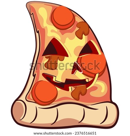 Cute slice of pizza character with funny face mascot dressed up in halloween style, isolated cartoon vector illustration. Cute slice of pizza mascot, emoticon