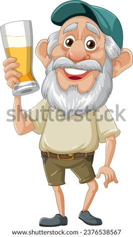 A cheerful cartoon character of an elderly man wearing a cap, holding a pint of beer