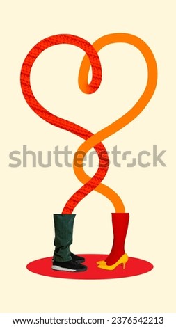 Poster. Contemporary art collage. Creative modern artwork. Red and orange lines from cropped legs entwined in shape of heart. Love, romance. Concept of fashion, relationship, family, human touch.