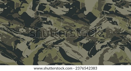 Abstract grunge camouflage, seamless texture, military camouflage pattern, Army or hunting dark khaki green camo clothes. Camouflage wallpaper for textile and fabric. Fashion camo style. Vector Royalty-Free Stock Photo #2376542383