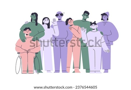 Diverse people group portrait. Happy abstract characters. Inclusive society, social community, diversity concept. Men, women standing together. Flat vector illustration isolated on white background