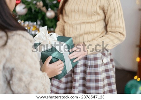 Close-up image of a young girl giving a Christmas gift to her friend or sister. Merry Christmas, present, birthday gift, special moment