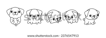 Set of Cartoon Isolated Pug Dog Coloring Page. Cute Vector Kawaii Pug Outline. Collection of Cute Vector Baby Dog Outline for Stickers, Baby Shower, Coloring Book, Prints for Clothes. 