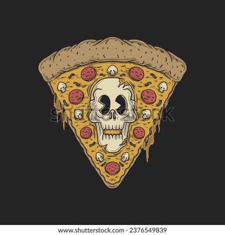retro cartoon illustration of skull pizza slice