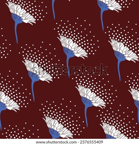 white and blue seamless vector flowers pattern on maroon background