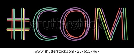 COM Hashtag. Isolate neon doodle lettering text from multi-colored curved neon lines like from a felt-tip pen, pensil. Hashtag #COM for banner, t-shirts, mobile apps, typography, web resources Royalty-Free Stock Photo #2376557467