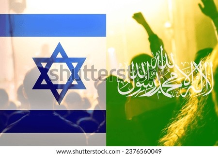 Israel and Hamas flags on a people protest background. Israel and Hamas flags together. Israel vs Palestine war. Royalty-Free Stock Photo #2376560049