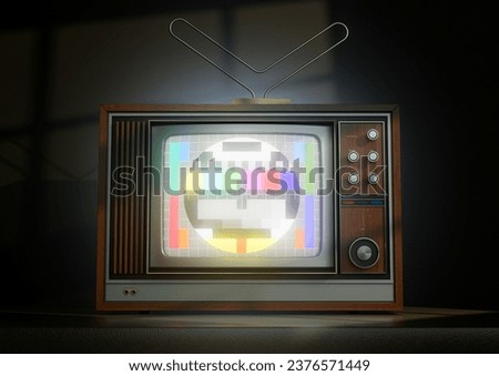 A dark room with a vintage television set from the eighties displaying a broadcast test pattern  - 3D render