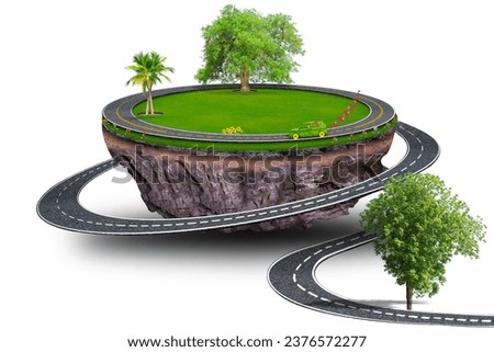 Electric car green leafs with large tree on the fantasy floating island isolated on white background.Clean energy,environment protection,ecology,eco car concept.