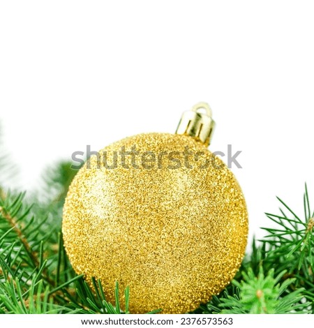 Golden ornaments on fir branches isolated on white. Christmas concept.