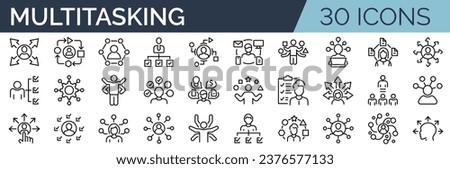 Set of 30 outline icons related to multitasking. Linear icon collection. Editable stroke. Vector illustration Royalty-Free Stock Photo #2376577133