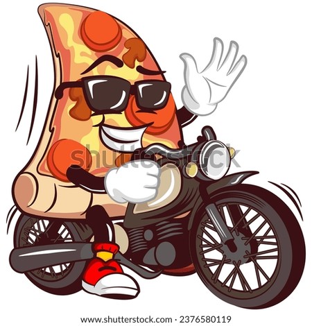 Cute slice of pizza character with funny face mascot riding a big motorbike while waving, isolated cartoon vector illustration. Cute slice of pizza mascot, emoticon