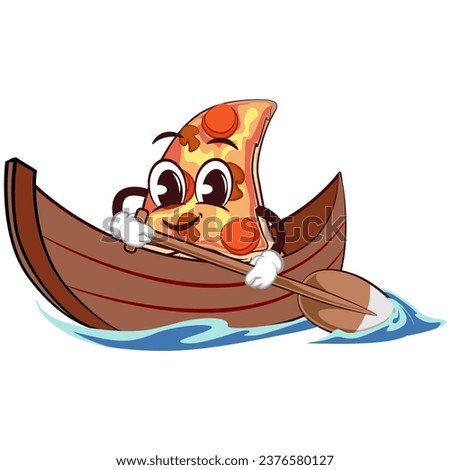 Cute slice of pizza character with funny face mascot paddling a canoe, isolated cartoon vector illustration. Cute slice of pizza mascot, emoticon