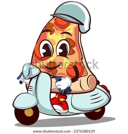 Cute slice of pizza character with funny face mascot riding a scooter, isolated cartoon vector illustration. Cute slice of pizza mascot, emoticon