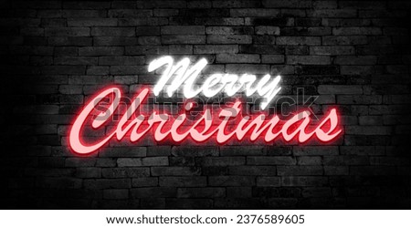 Neon sign glowing lettering Merry christmas with santa claus and reindeer team on brick wall background. Glowing inscription banner, vector illustration.