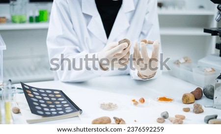 A female geologist or archaeologist is picking up an sample of rock or mineral in paleontology, archaeological and geological or mining laboratory. Concept of fossil research or soil experiment.