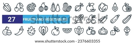 set of 27 outline web fruits and vegetables icons such as carambola, olive, watermelon, orange, cherry, chilli, spinach, artichoke vector thin line icons for web design, mobile app.