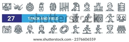set of 27 outline web track and field icons such as tv, relay race, stopwatch, athlete, runner, track and field, shot put, spectators vector thin line icons for web design, mobile app. Royalty-Free Stock Photo #2376606559