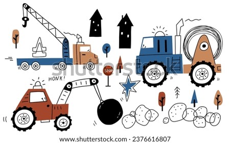 Hand drawn cute cars Cargo crane, wrecking ball crane,   in cartoon style. Vector set with cute cars for fabric, textile, postcard, apparel or kids room design . Vector cars in Scandinavian style. 