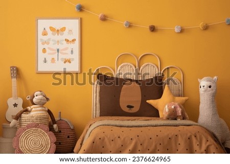 Warm child room interior with mock up poster frame, braided basket, guitar, braided bed, plush lama, monkey, brown bedding, colorful garland and personal accessories. Home decor. Template.