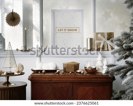 Cozy and stylish christmas living room interior with design armchair, retro shelf, mock up poster on the windowsill, christmas tree, wreath, deer, gifts, decoration. Santa claus is coming. Template.