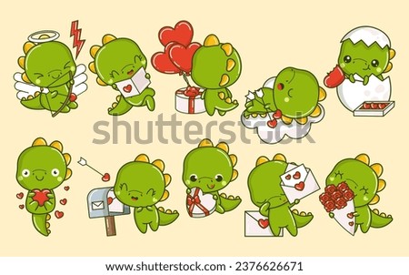 Set of Cartoon Kawaii Dino Illustrations in Love. Collection of Cute Vector Isolated Baby Dino Illustrations. Cute Vector Dinosaurs in Love. 