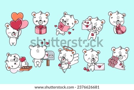 Set of Cartoon Kawaii Polar Bear Illustrations in Love. Collection of Cute Vector Isolated Baby Bear Illustrations. Cute Vector Animals in Love.
