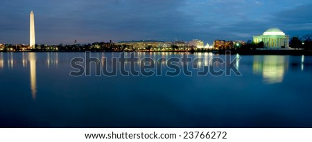 Beautiful view of Washington DC at night, showing Washington Monument, Capitol Building, and The Jefferson Memorial