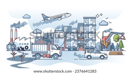 Human contribution and pollution impact on climate change outline concept. CO2 destruction from aviation and transportation emissions vector illustration. Deforestation and heavy factory dioxide gas Royalty-Free Stock Photo #2376641283