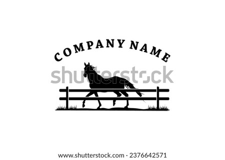 Horse silhouette behind wooden fence paddock for countryside western country farm ranch logo design