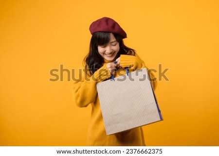 Shopping extravaganza! enthusiastic woman in a red beret and yellow sweater enjoys discounts against a cheerful yellow backdrop.